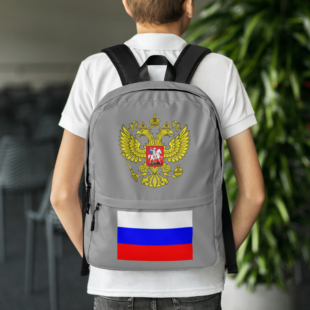 Rucksack mit Russland Wappen und Flagge in grau