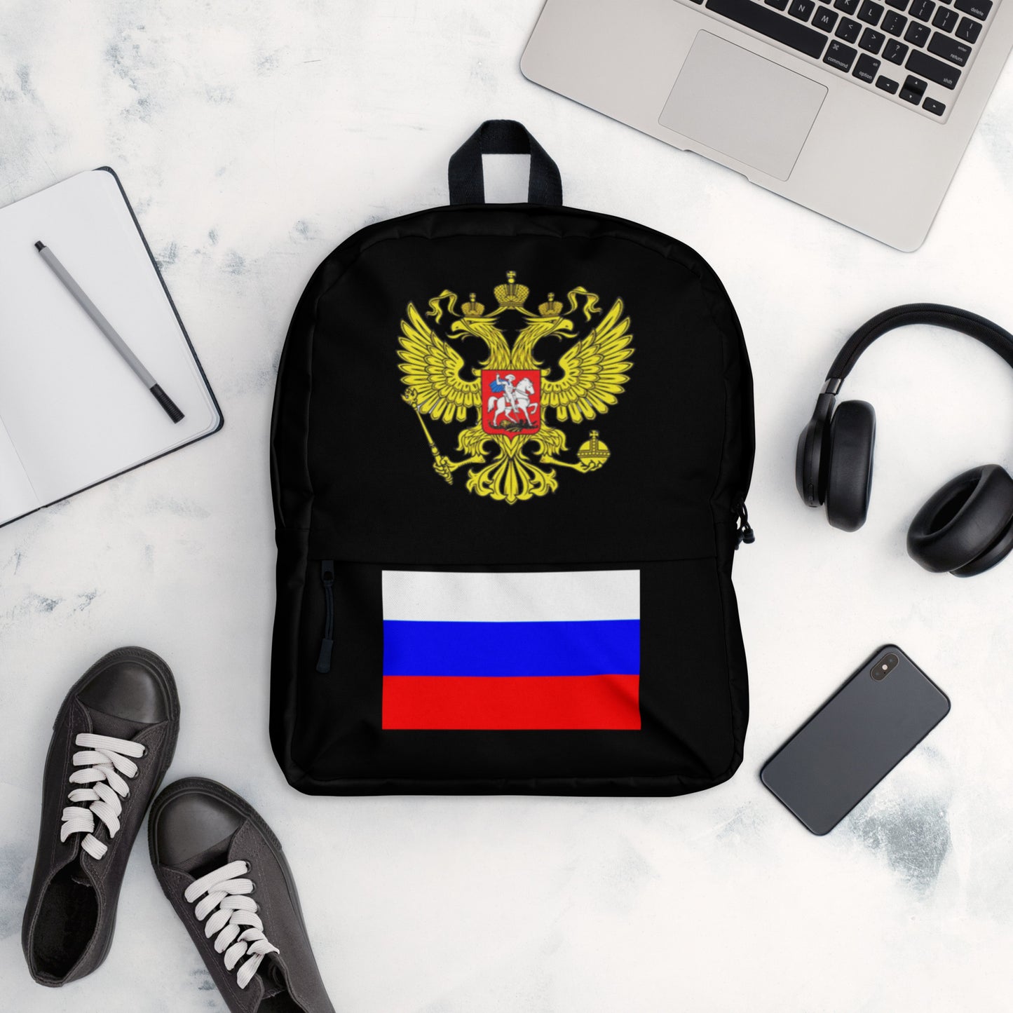 Rucksack mit Russland-Wappen und Flagge in schwarz