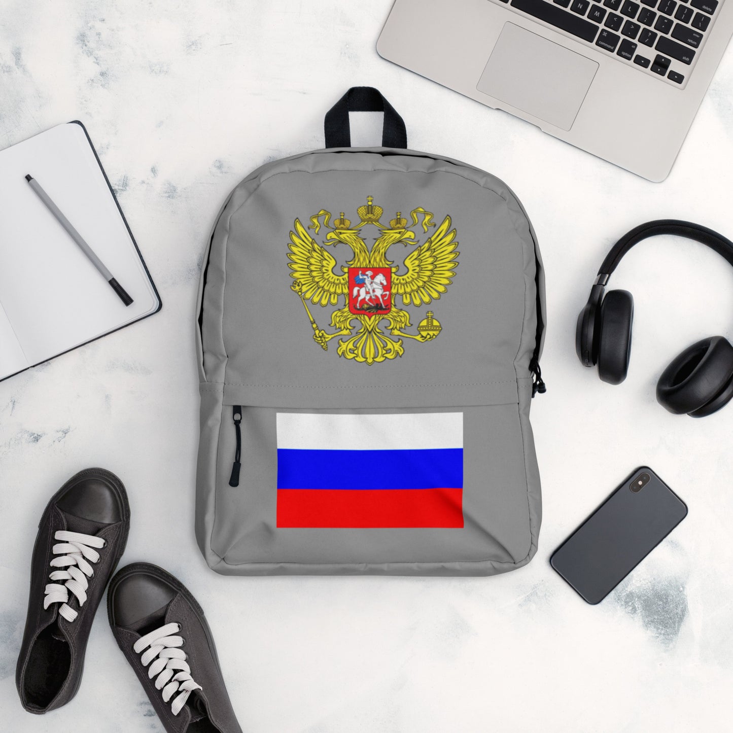 Rucksack mit Russland Wappen und Flagge in grau