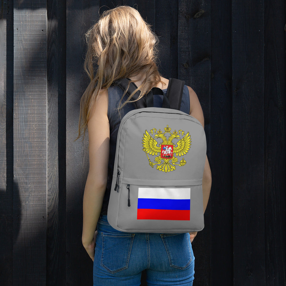 Rucksack mit Russland Wappen und Flagge in grau