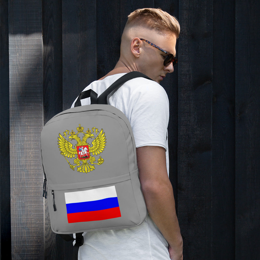 Rucksack mit Russland Wappen und Flagge in grau
