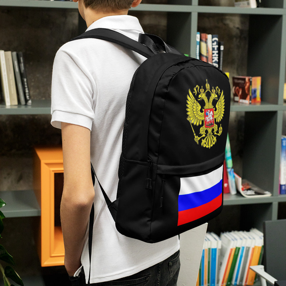 Rucksack mit Russland-Wappen und Flagge in schwarz