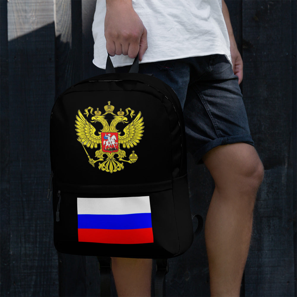 Rucksack mit Russland-Wappen und Flagge in schwarz