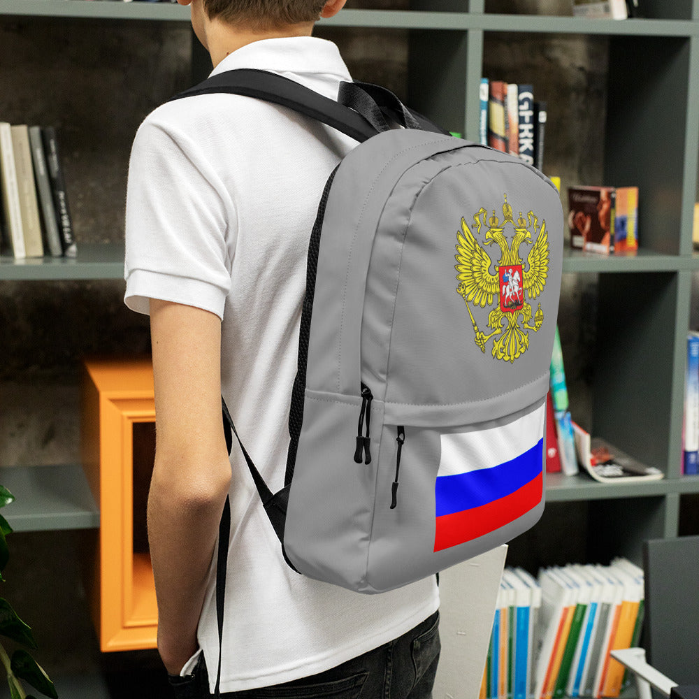 Rucksack mit Russland Wappen und Flagge in grau