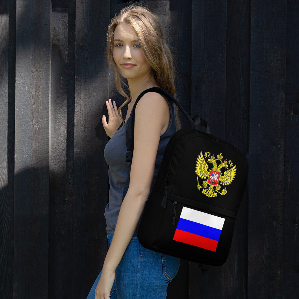 Rucksack mit Russland-Wappen und Flagge in schwarz