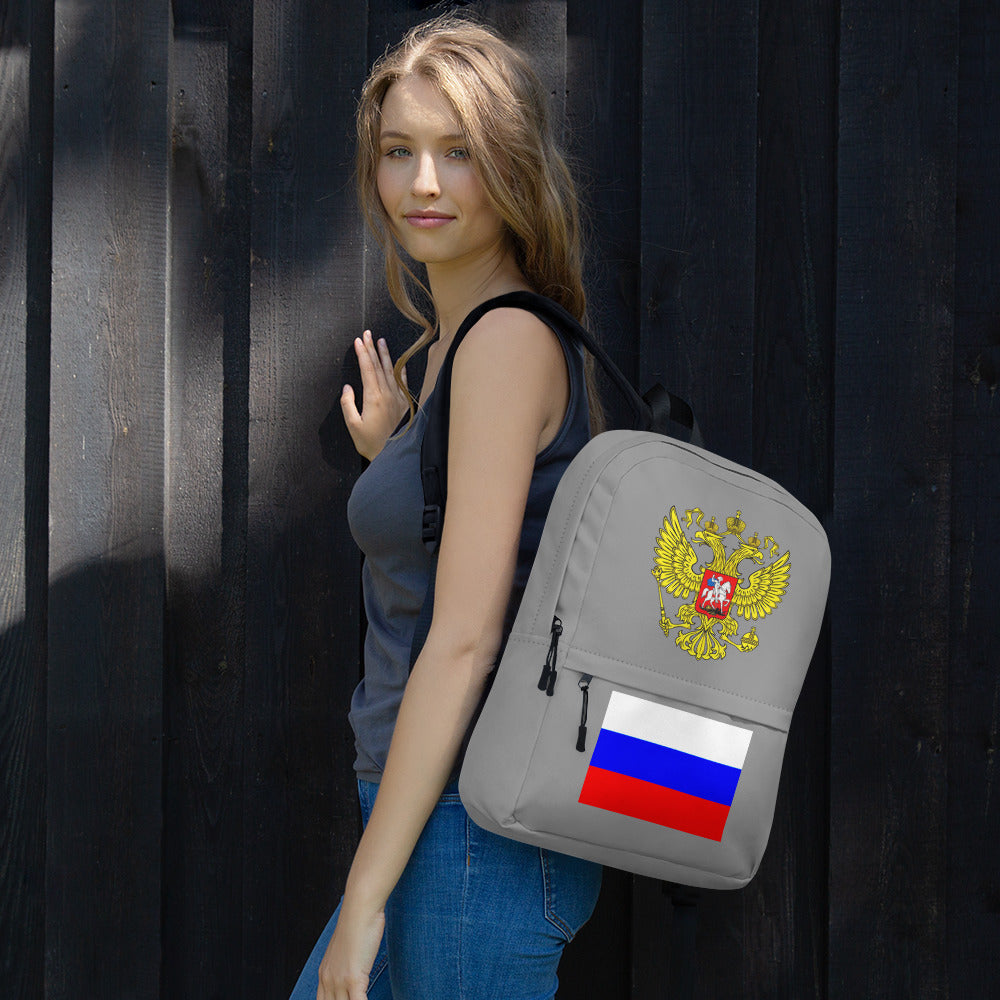 Rucksack mit Russland Wappen und Flagge in grau