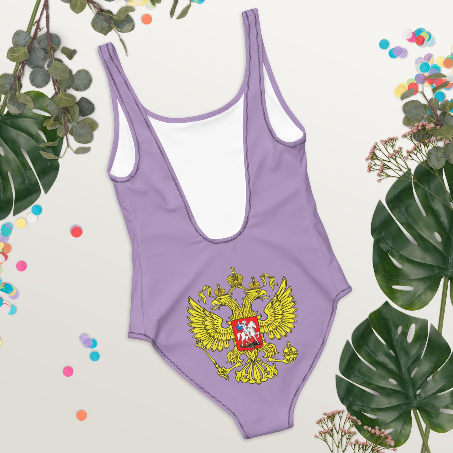 Einteiliger Badeanzug mit Russland-Wappen in violett