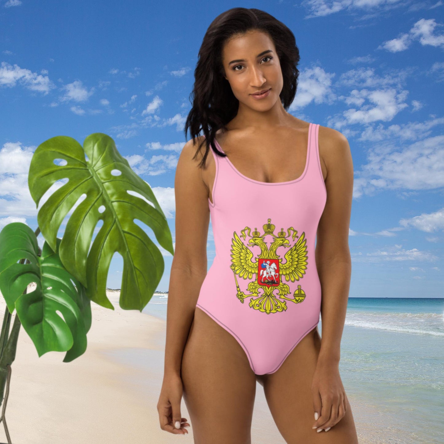 Einteiliger Badeanzug mit Russland-Wappen in rosa