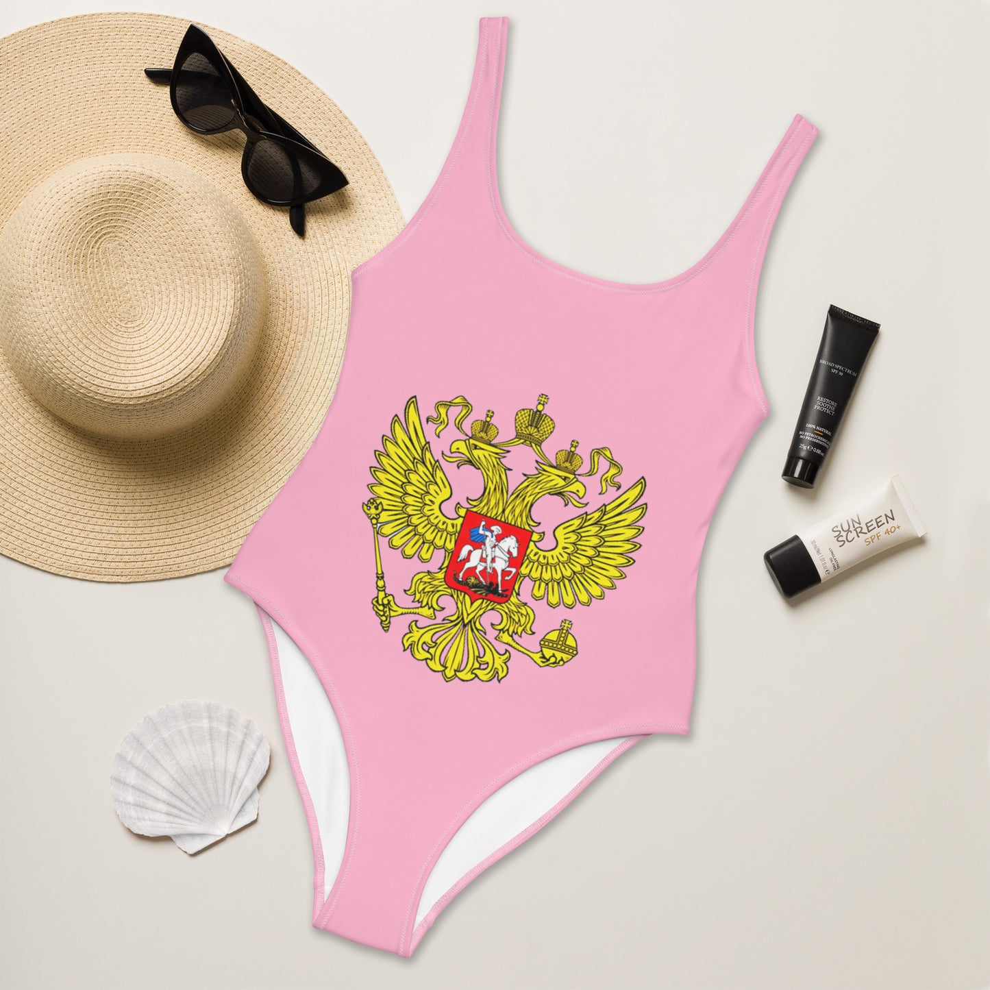 Einteiliger Badeanzug mit Russland-Wappen in rosa