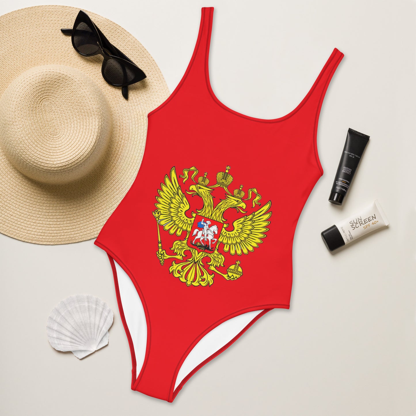 Einteiliger Badeanzug mit Russland-Wappen in rot