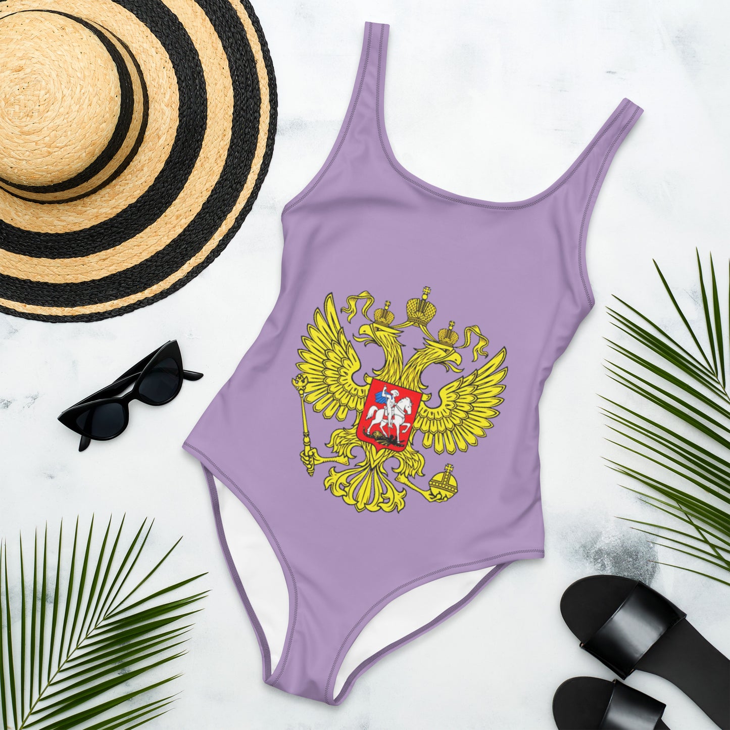 Einteiliger Badeanzug mit Russland-Wappen in violett