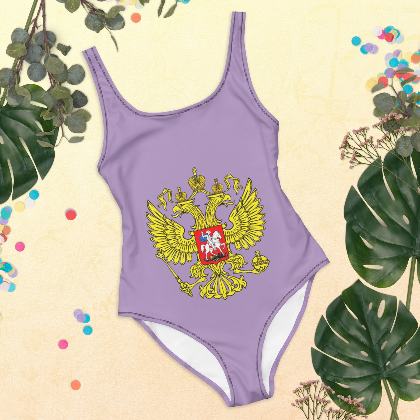 Einteiliger Badeanzug mit Russland-Wappen in violett