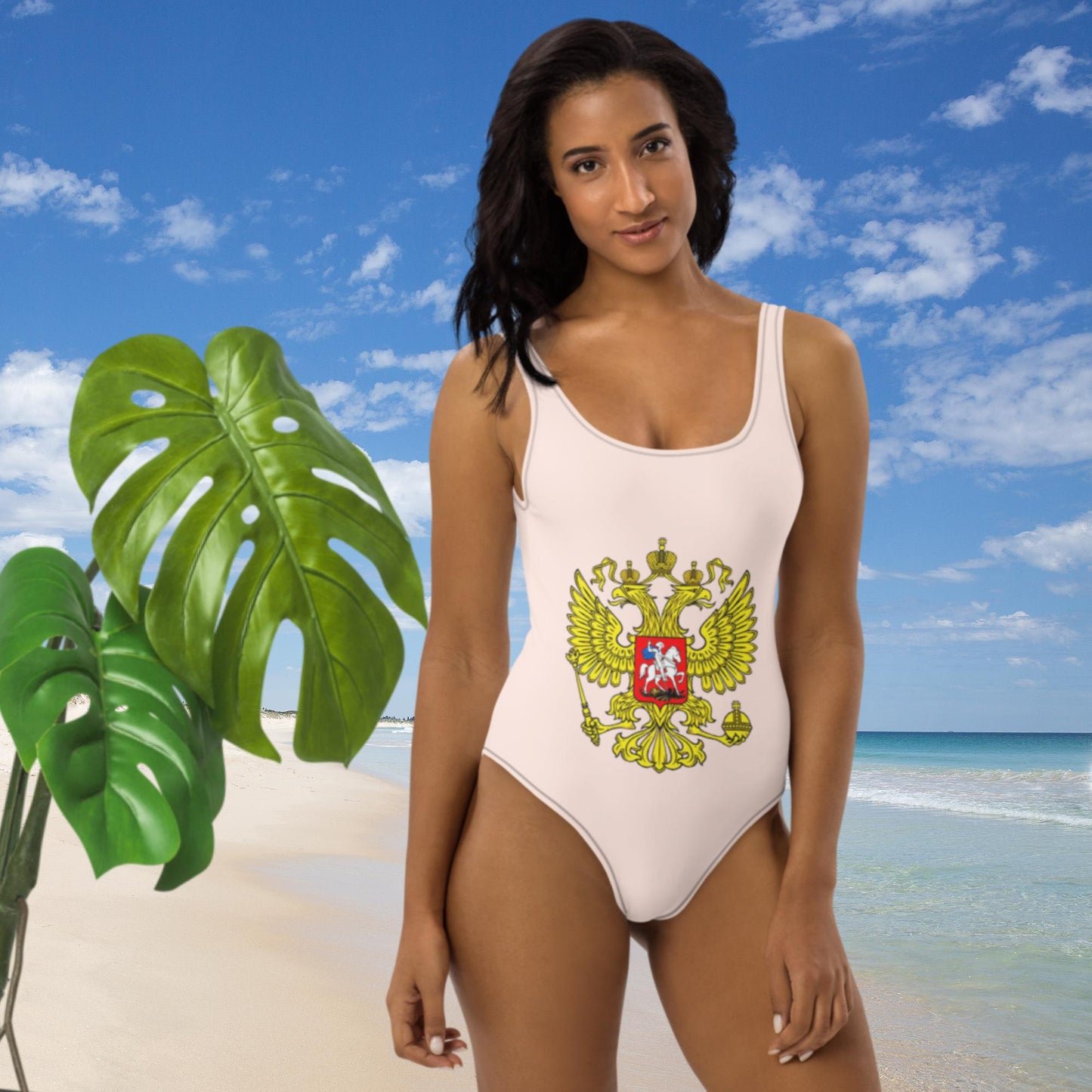 Einteiliger Badeanzug mit Russland-Wappen in wisp pink