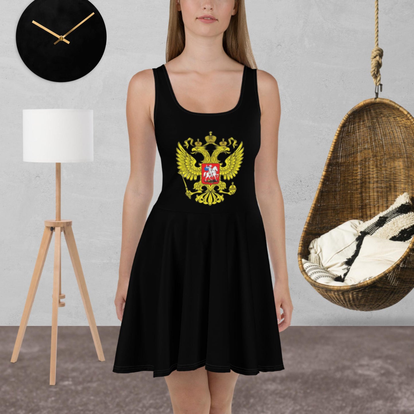 Skater-Kleid mit Russland-Wappen in schwarz