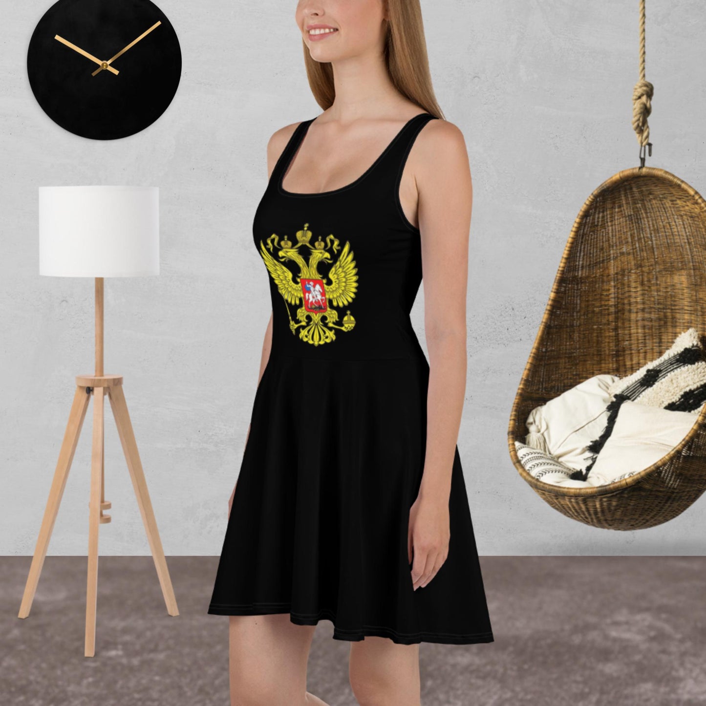 Skater-Kleid mit Russland-Wappen in schwarz