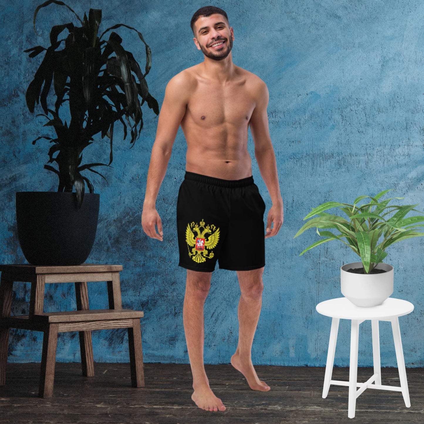 Herren-Badehose mit Russland-Wappen in schwarz