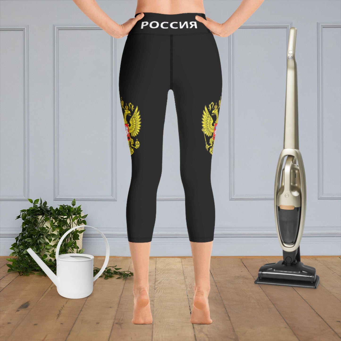 Yoga-Capri-Leggings mit Russland-Wappen in schwarz