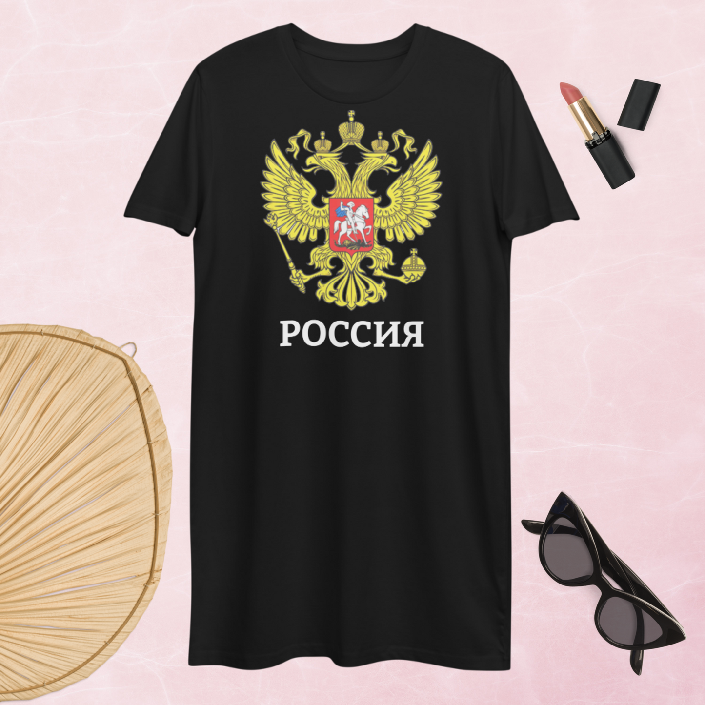 T-Shirt-Kleid aus organischer Baumwolle mit Russland-Wappen in schwarz oder grau