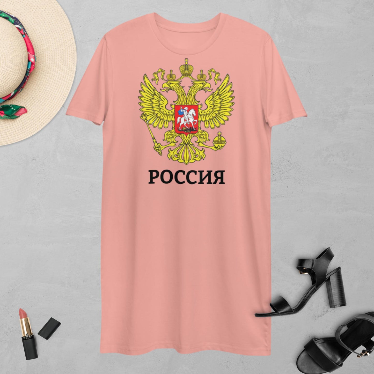 T-Shirt-Kleid aus organischer Baumwolle mit Russland-Wappen in weiß oder pink