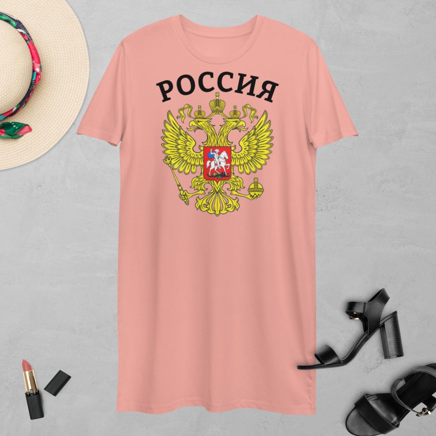 T-Shirt-Kleid aus organischer Baumwolle mit Russland-Wappen und in weiß oder pink