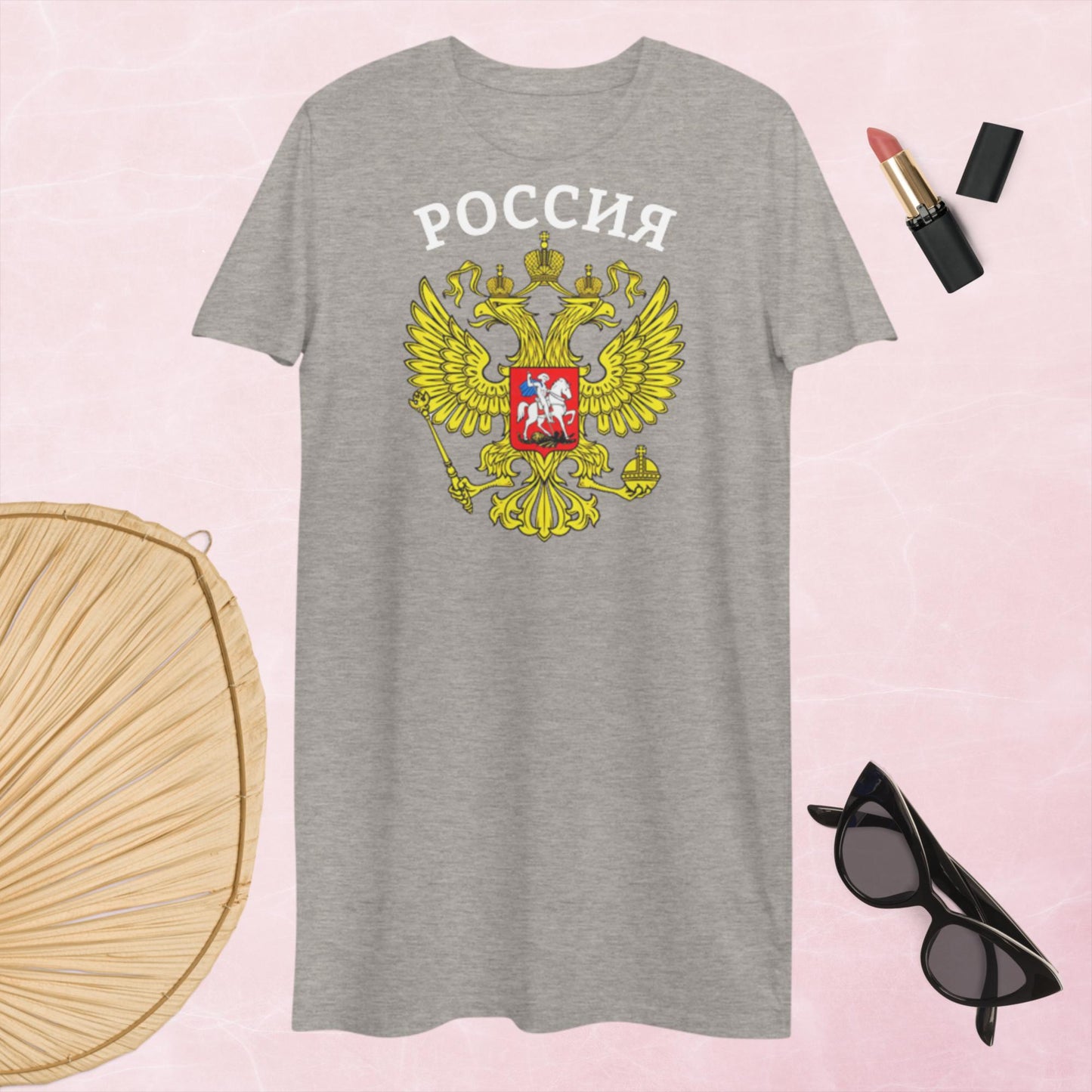 T-Shirt-Kleid aus organischer Baumwolle mit Russland-Wappen in schwarz oder grau