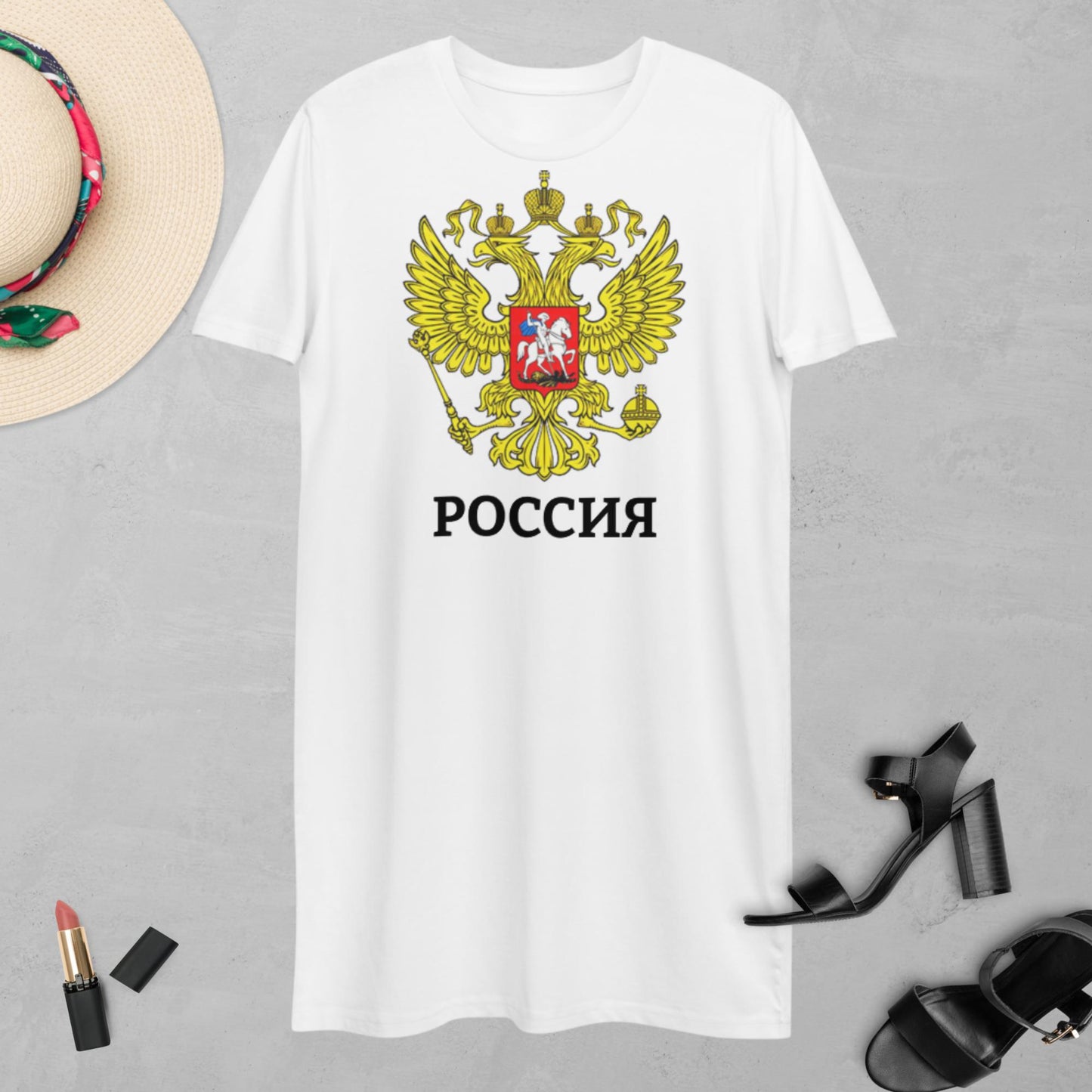 T-Shirt-Kleid aus organischer Baumwolle mit Russland-Wappen in weiß oder pink