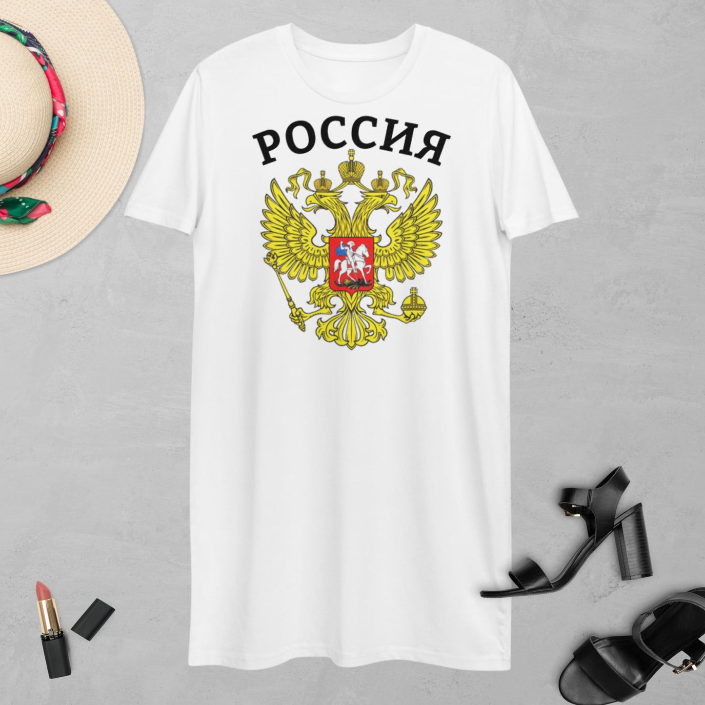 T-Shirt-Kleid aus organischer Baumwolle mit Russland-Wappen und in weiß oder pink