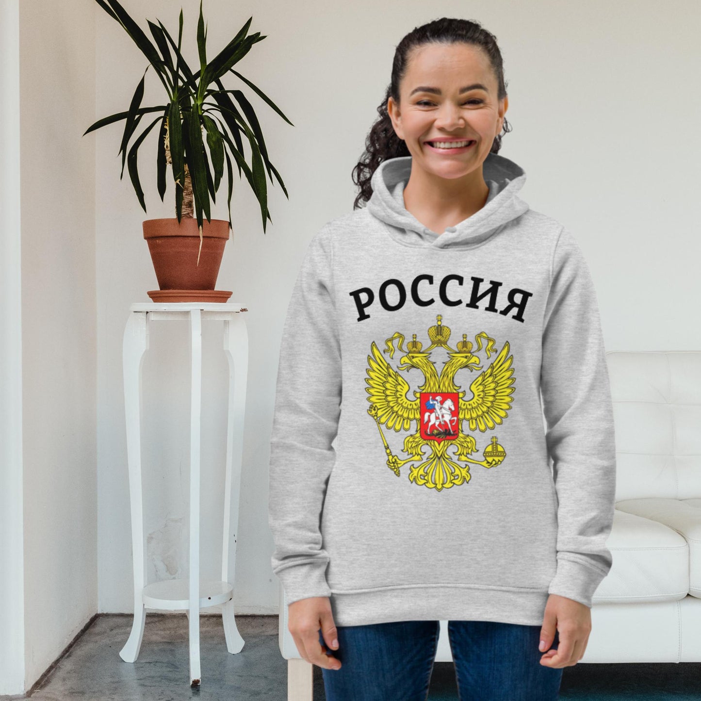 Enganliegender Bio-Hoodie für Damen mit Russland-Wappen in verschiedenen Farben