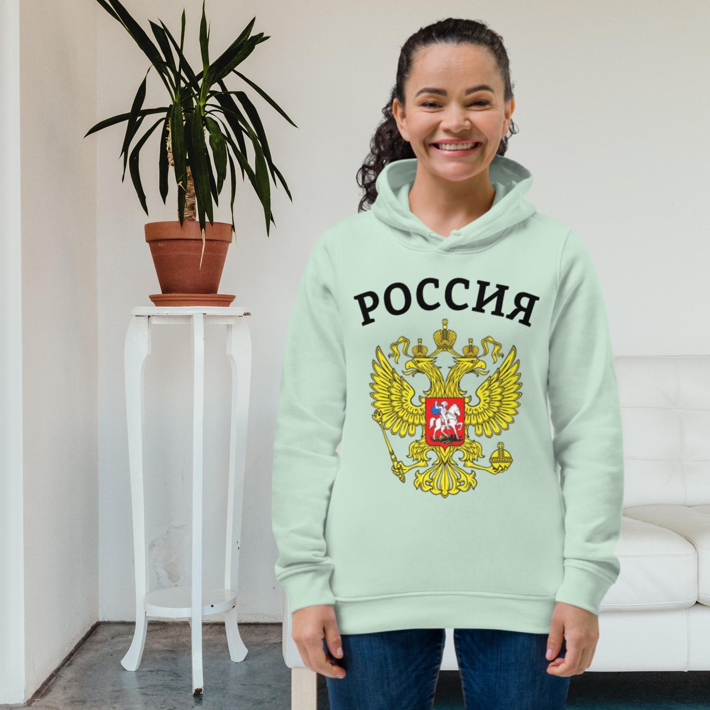 Enganliegender Bio-Hoodie für Damen mit Russland-Wappen in verschiedenen Farben