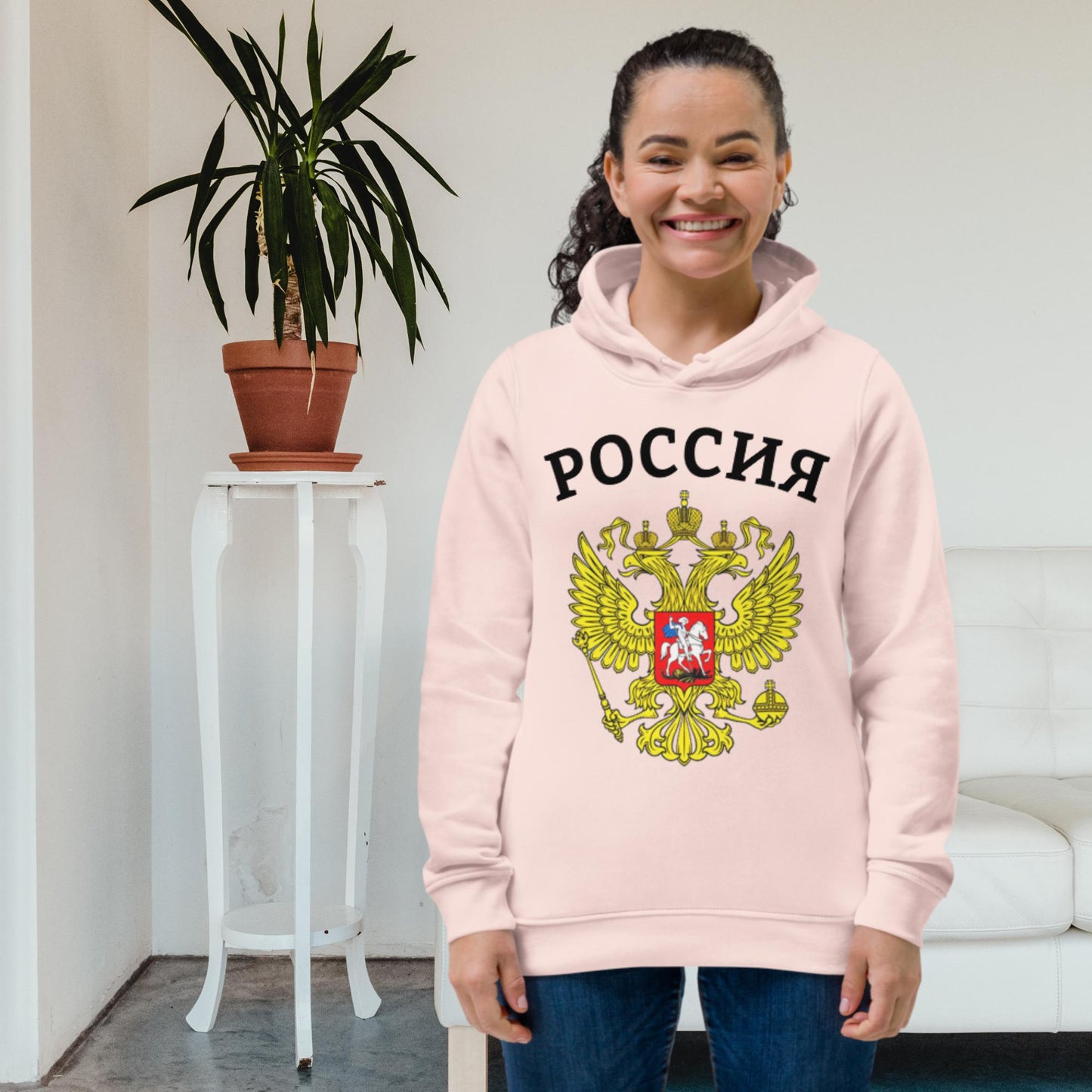 Enganliegender Bio-Hoodie für Damen mit Russland-Wappen in verschiedenen Farben