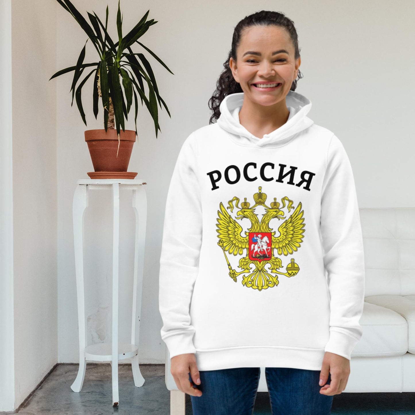 Enganliegender Bio-Hoodie für Damen mit Russland-Wappen in verschiedenen Farben
