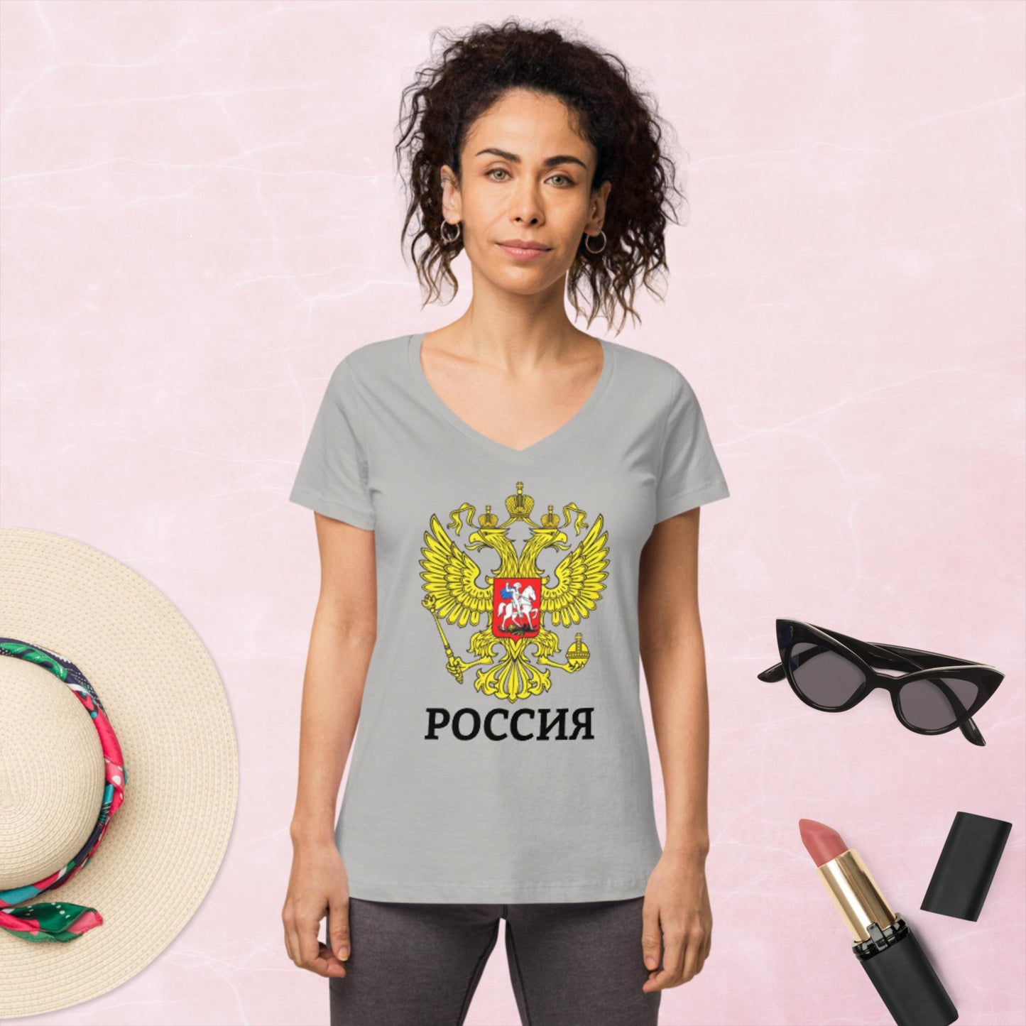 Russland Damen-T-Shirt, eng anliegend mit V-Ausschnitt, in verschiedenen Farben