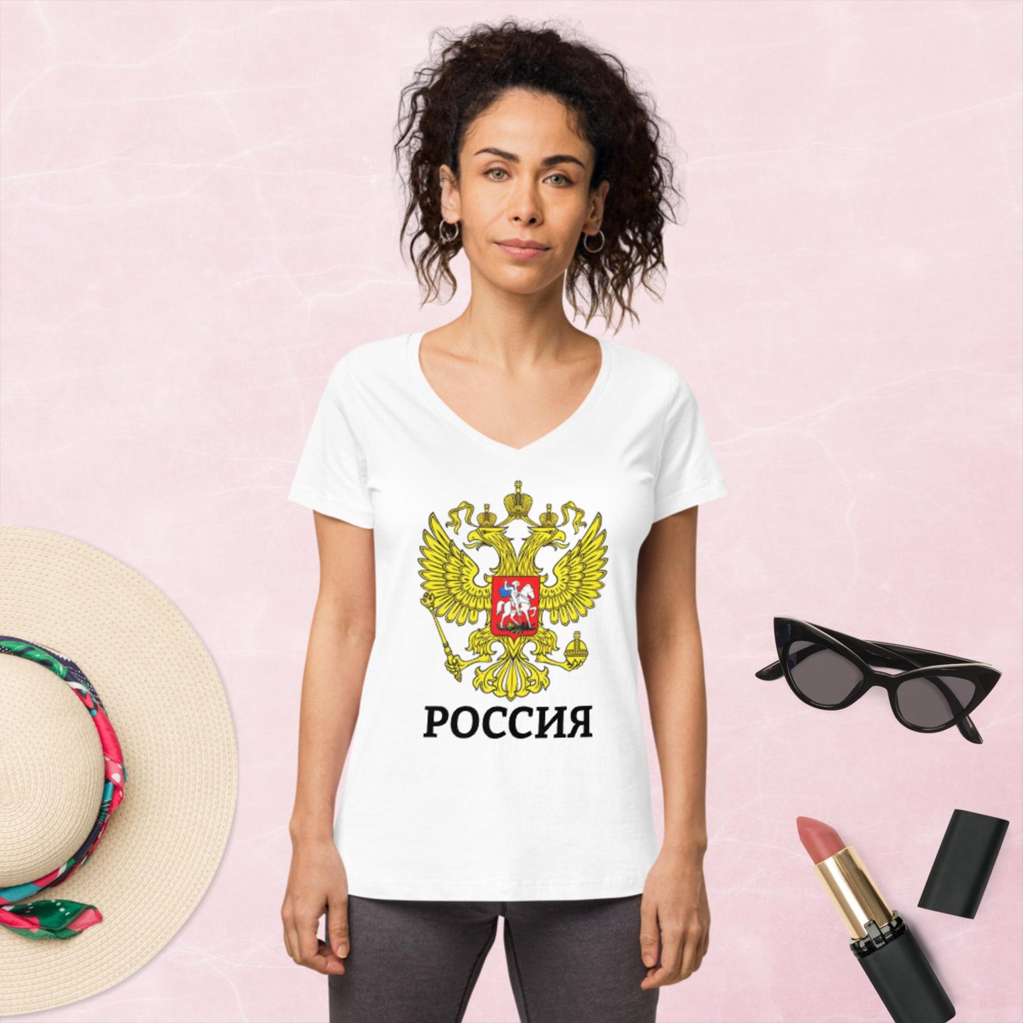 Russland Damen-T-Shirt, eng anliegend mit V-Ausschnitt, in verschiedenen Farben