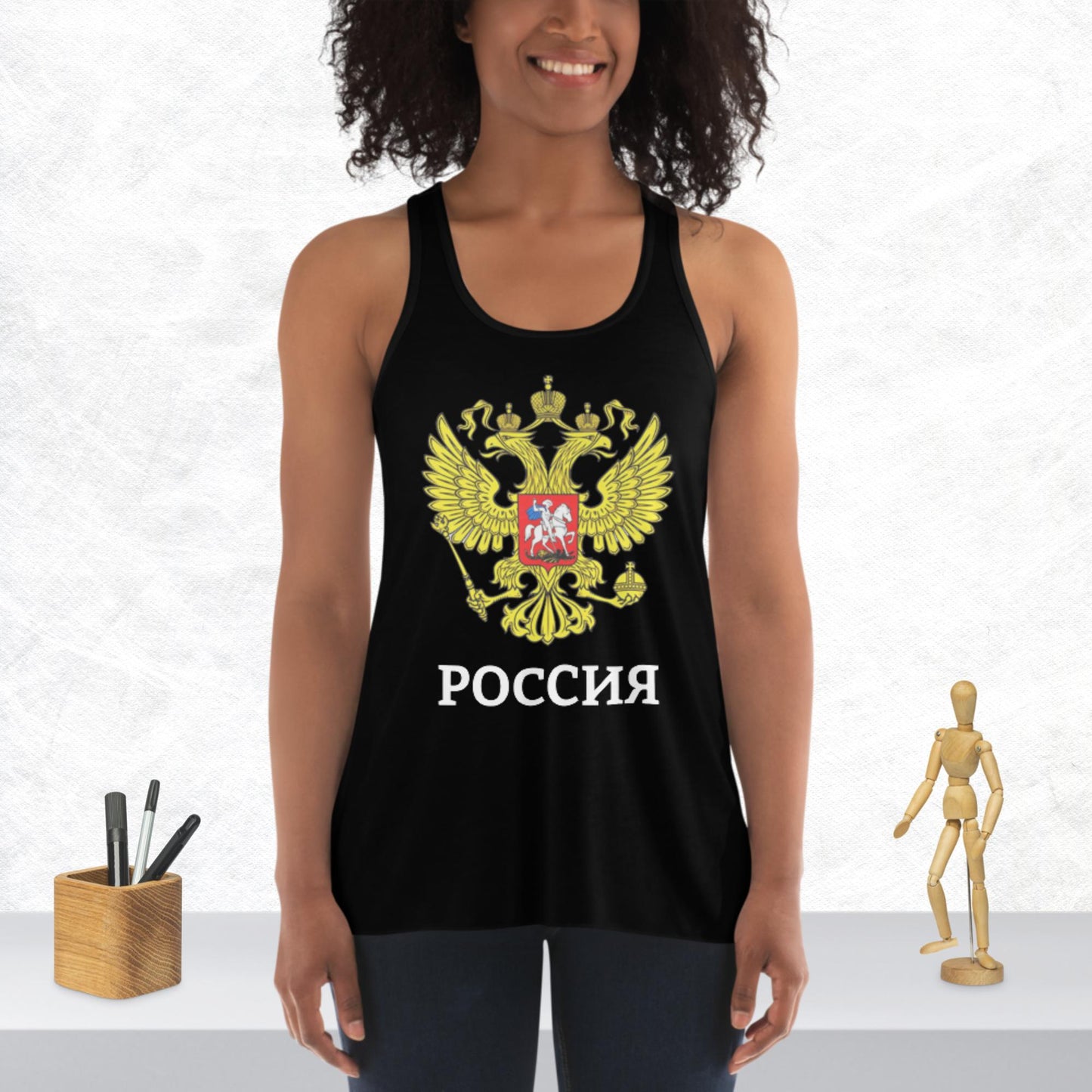 Lässiges Racerback-Tank-Top für Damen mit Russland-Wappen in schwarz oder grau