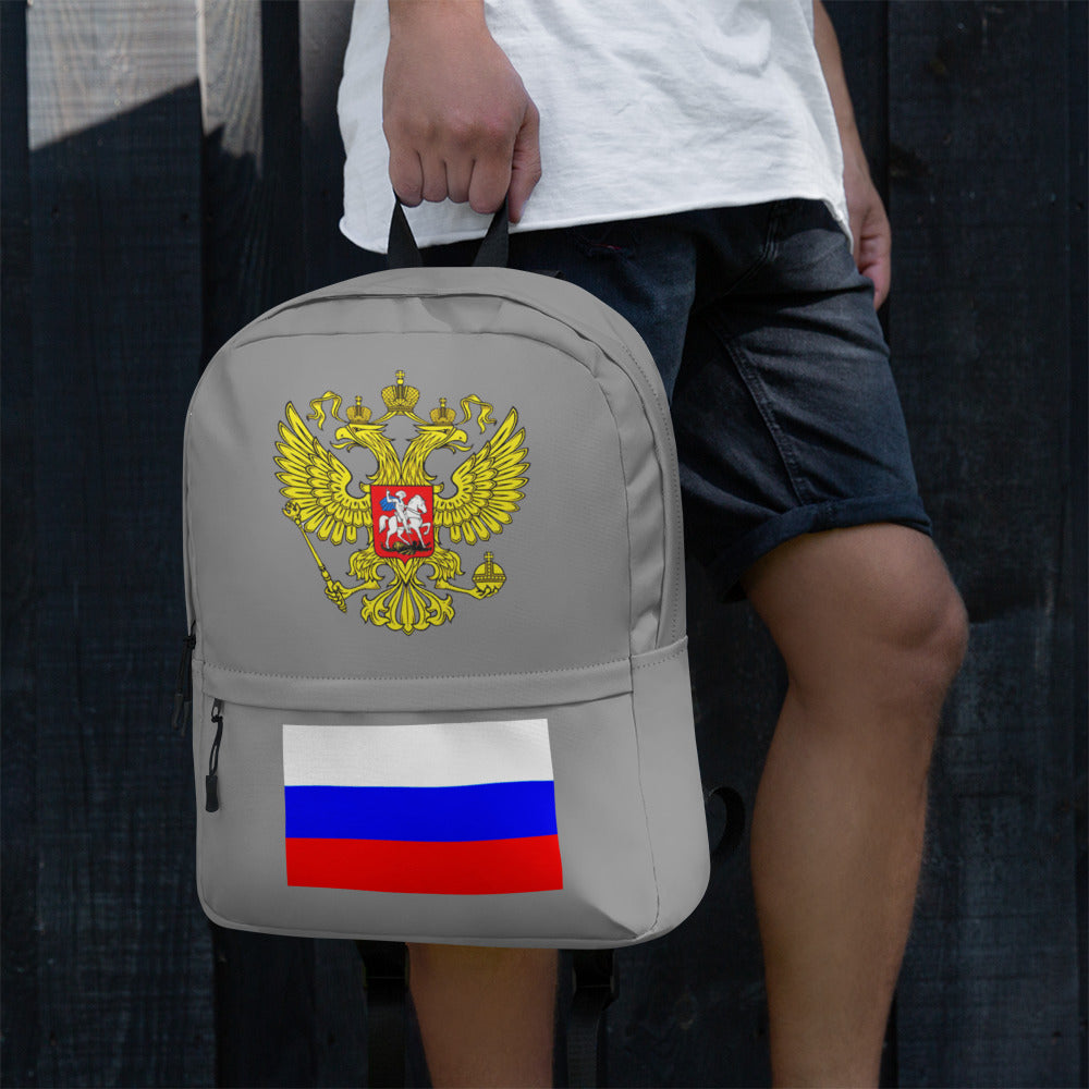 Rucksack mit Russland Wappen und Flagge in grau