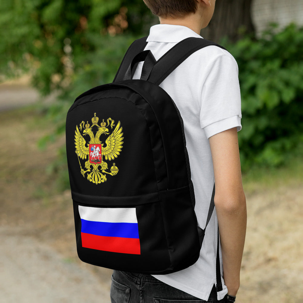 Rucksack mit Russland-Wappen und Flagge in schwarz