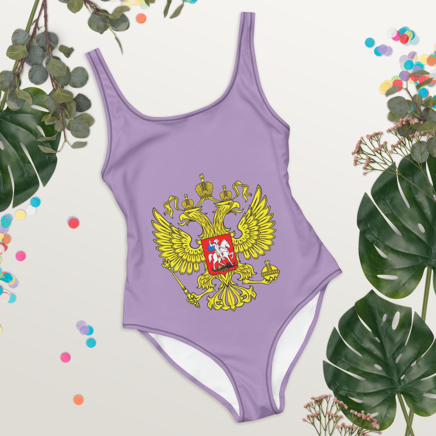 Einteiliger Badeanzug mit Russland-Wappen in violett