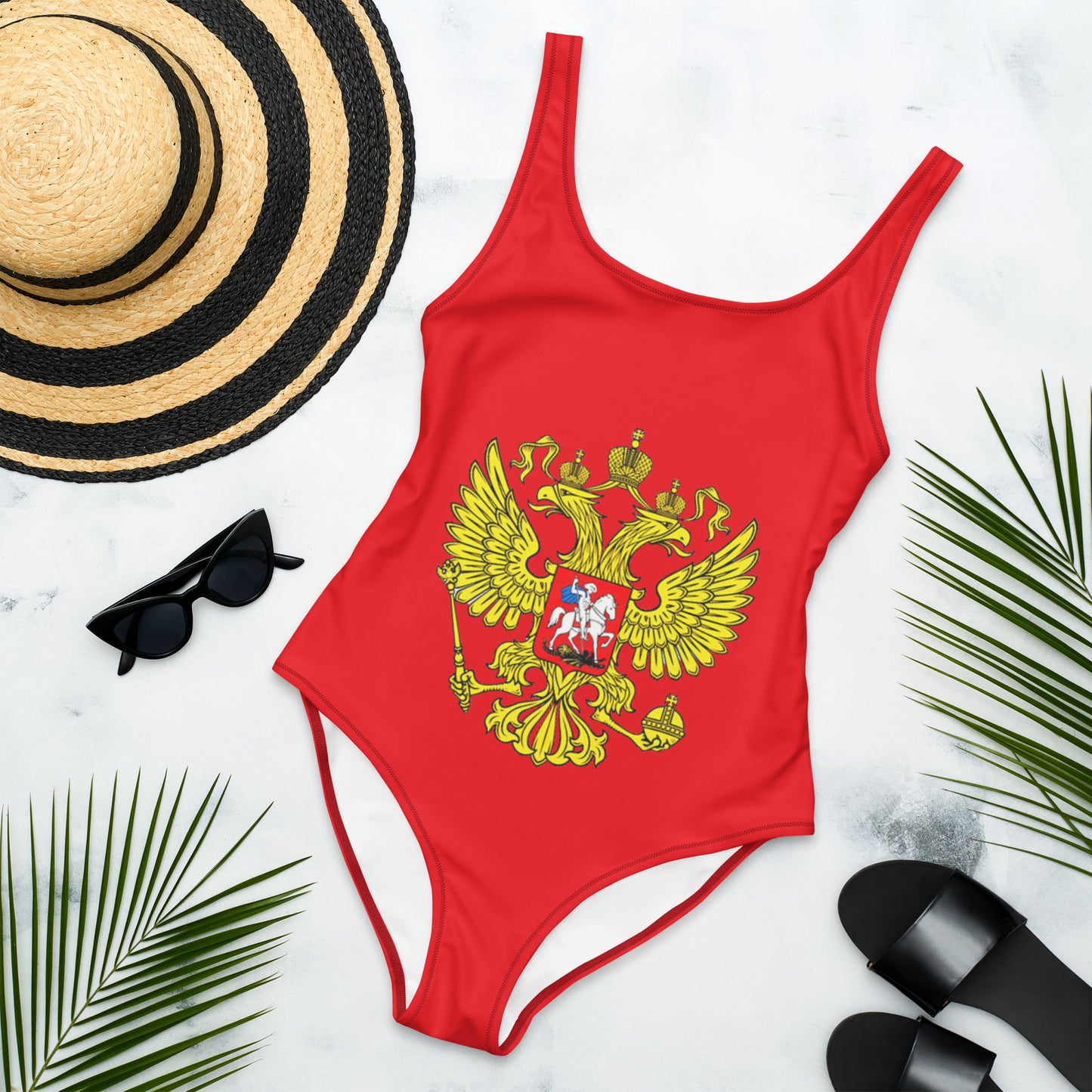 Einteiliger Badeanzug mit Russland-Wappen in rot