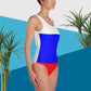 Einteiliger Badeanzug in Farben der Russischen Flagge und Russland-Wappen hinten