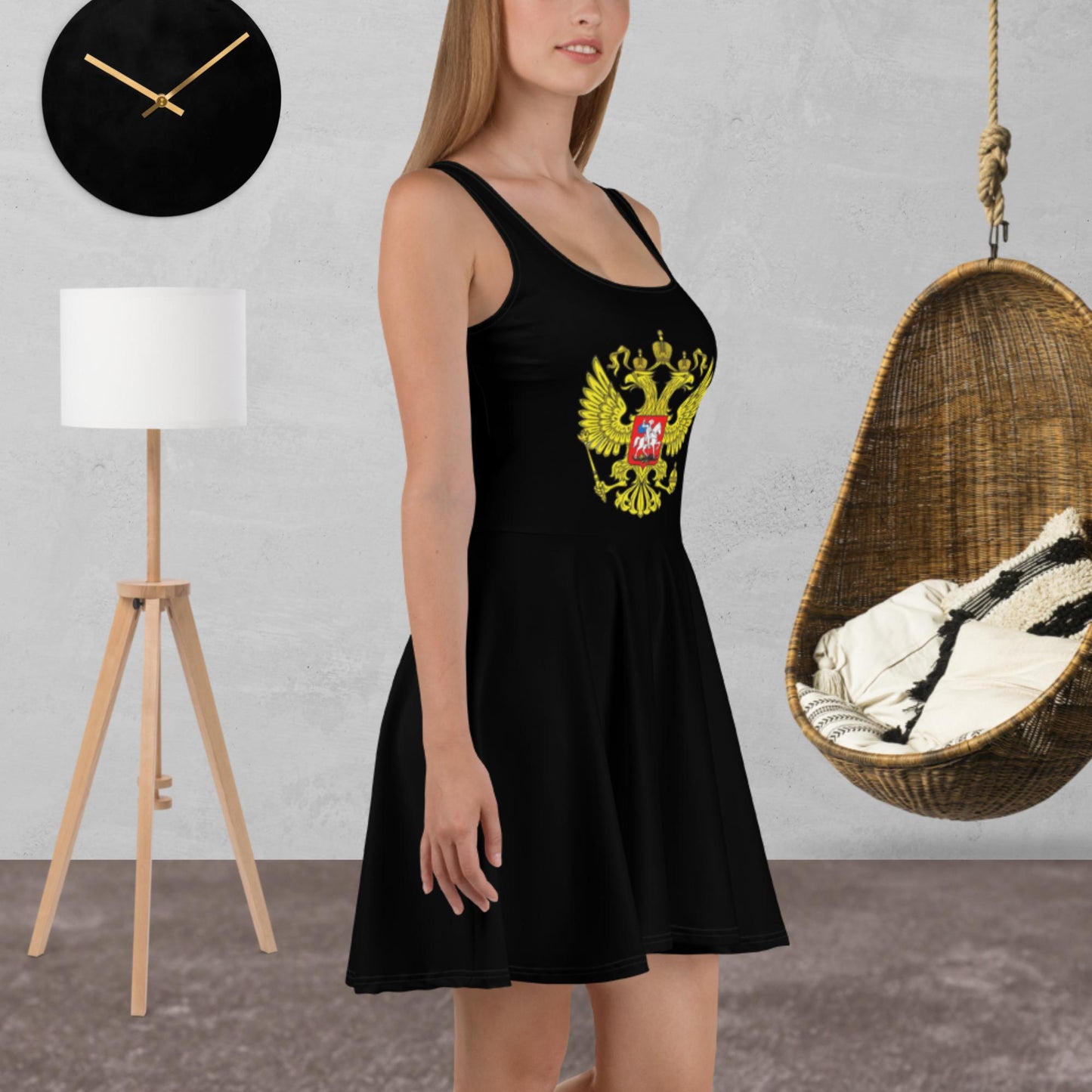 Skater-Kleid mit Russland-Wappen in schwarz