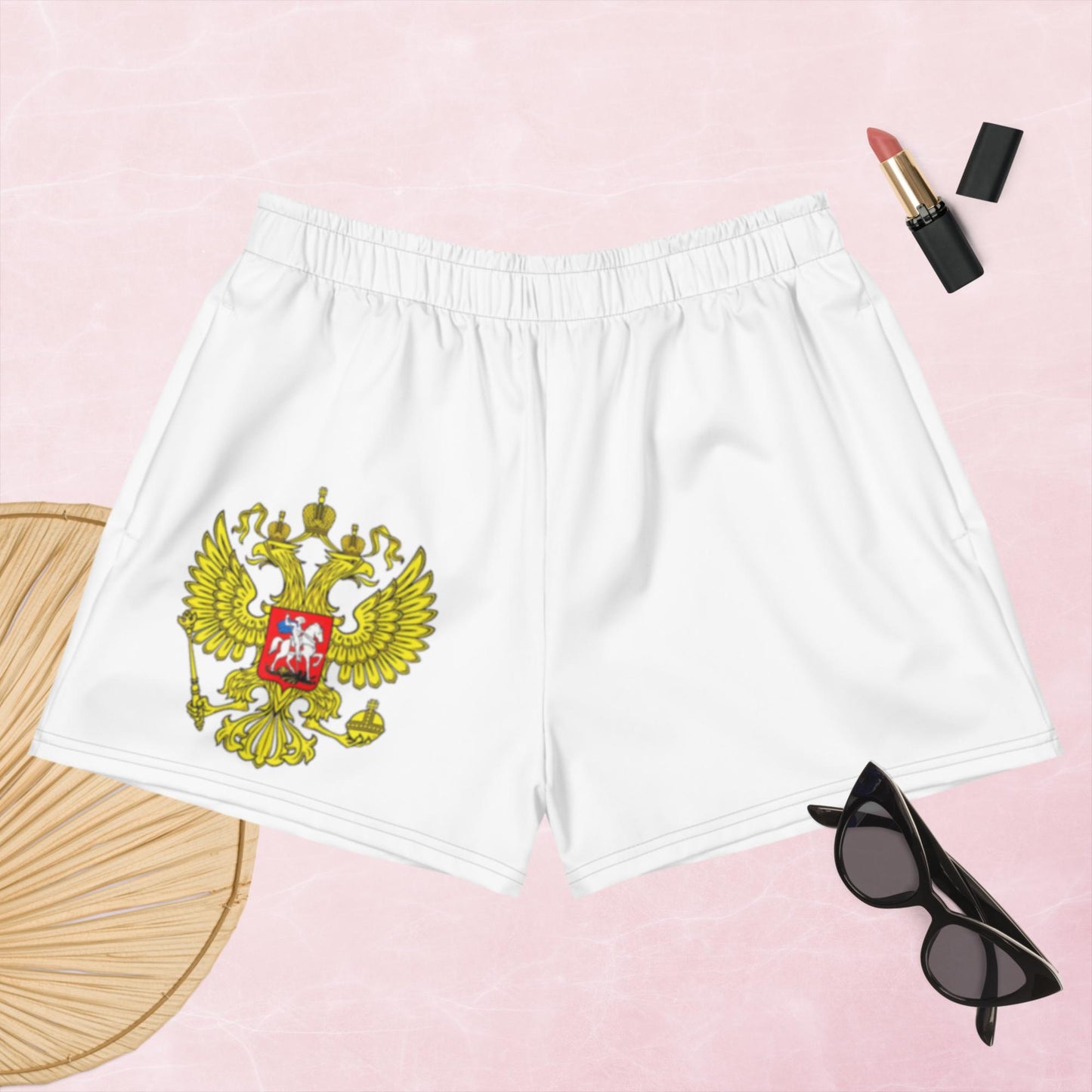Kurze Sport-Shorts für Damen mit Russland-Wappen weiß