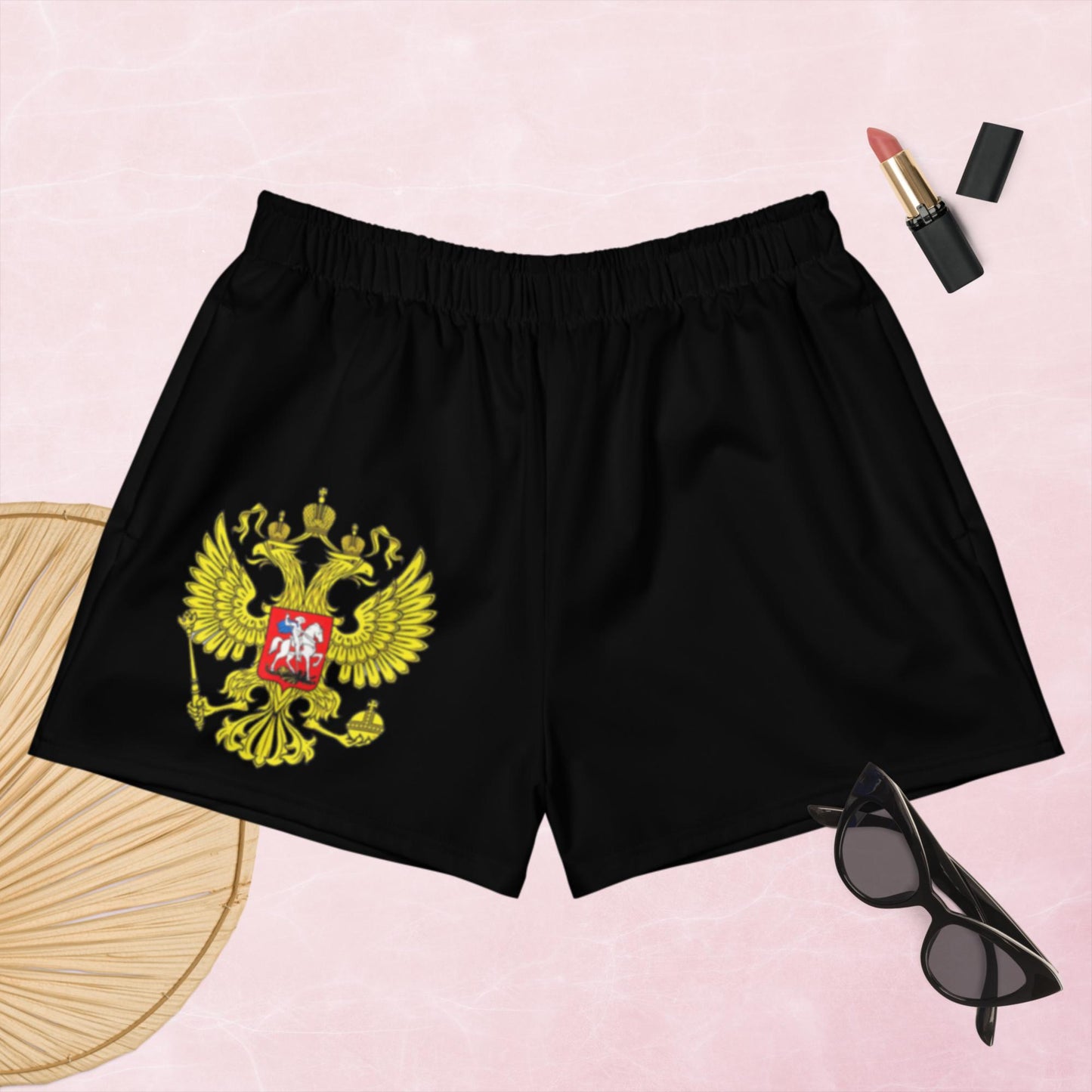Kurze Sport-Shorts für Damen mit Russland-Wappen in schwarz