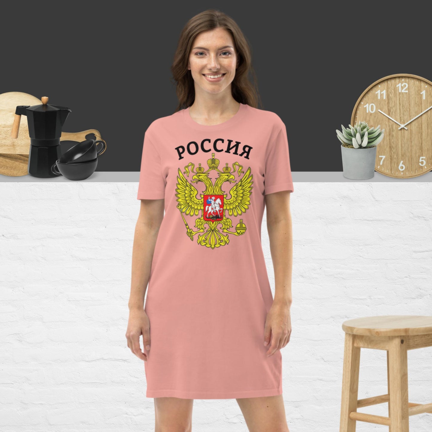T-Shirt-Kleid aus organischer Baumwolle mit Russland-Wappen und in weiß oder pink