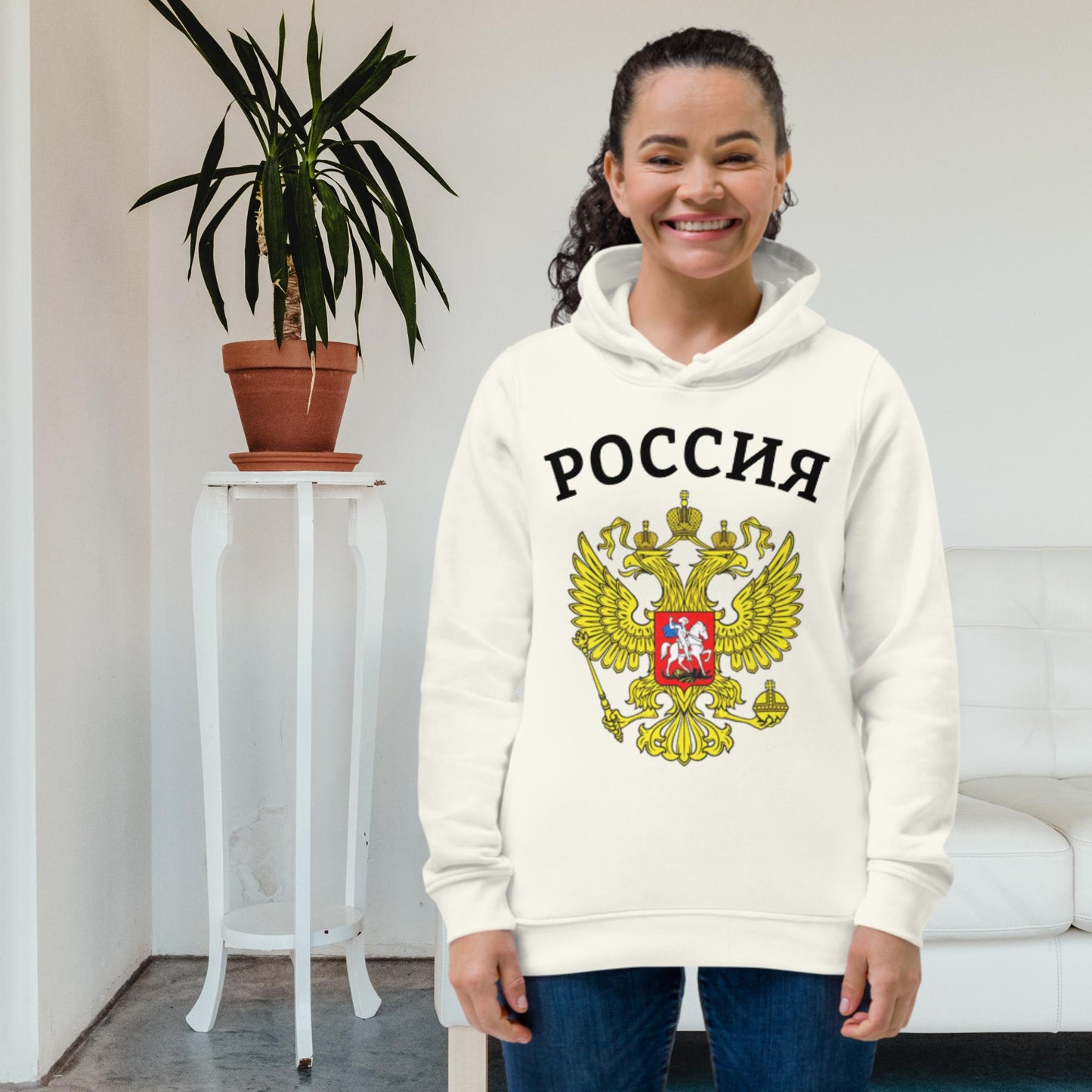 Enganliegender Bio-Hoodie für Damen mit Russland-Wappen in verschiedenen Farben